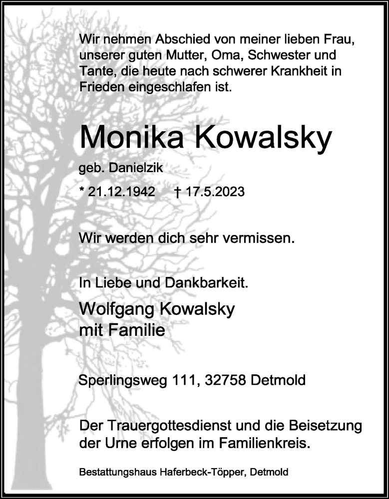  Traueranzeige für Monika Kowalsky vom 24.05.2023 aus Lippische Landes-Zeitung