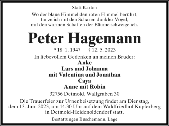 Anzeige  Peter Hagemann  Lippische Landes-Zeitung