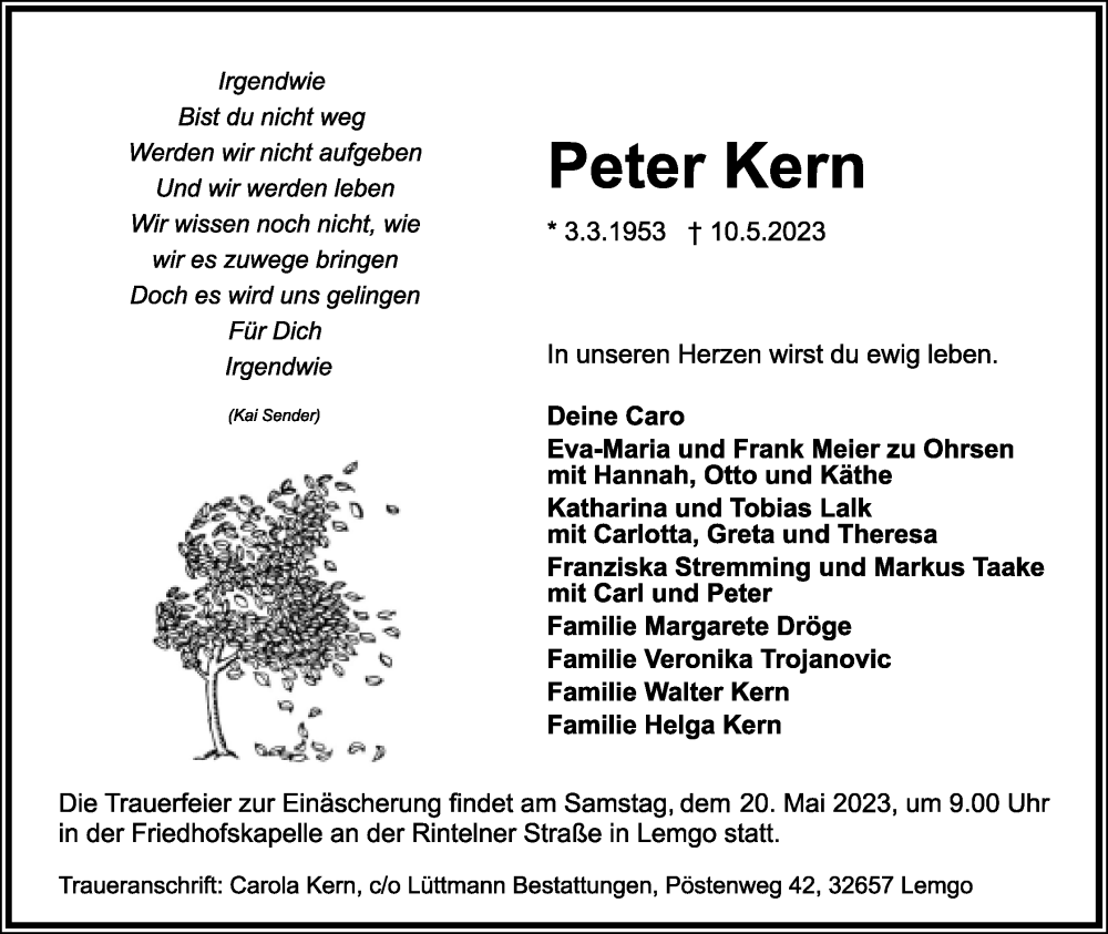  Traueranzeige für Peter Kern vom 13.05.2023 aus Lippische Landes-Zeitung