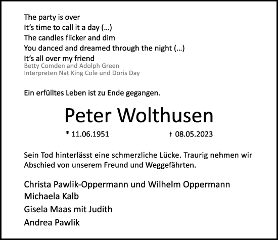 Anzeige  Peter Wolthusen  Lippische Landes-Zeitung