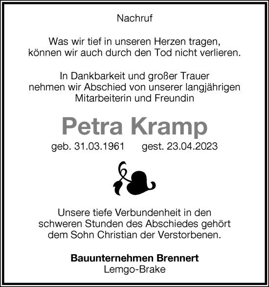 Anzeige  Petra Kramp  Lippische Landes-Zeitung