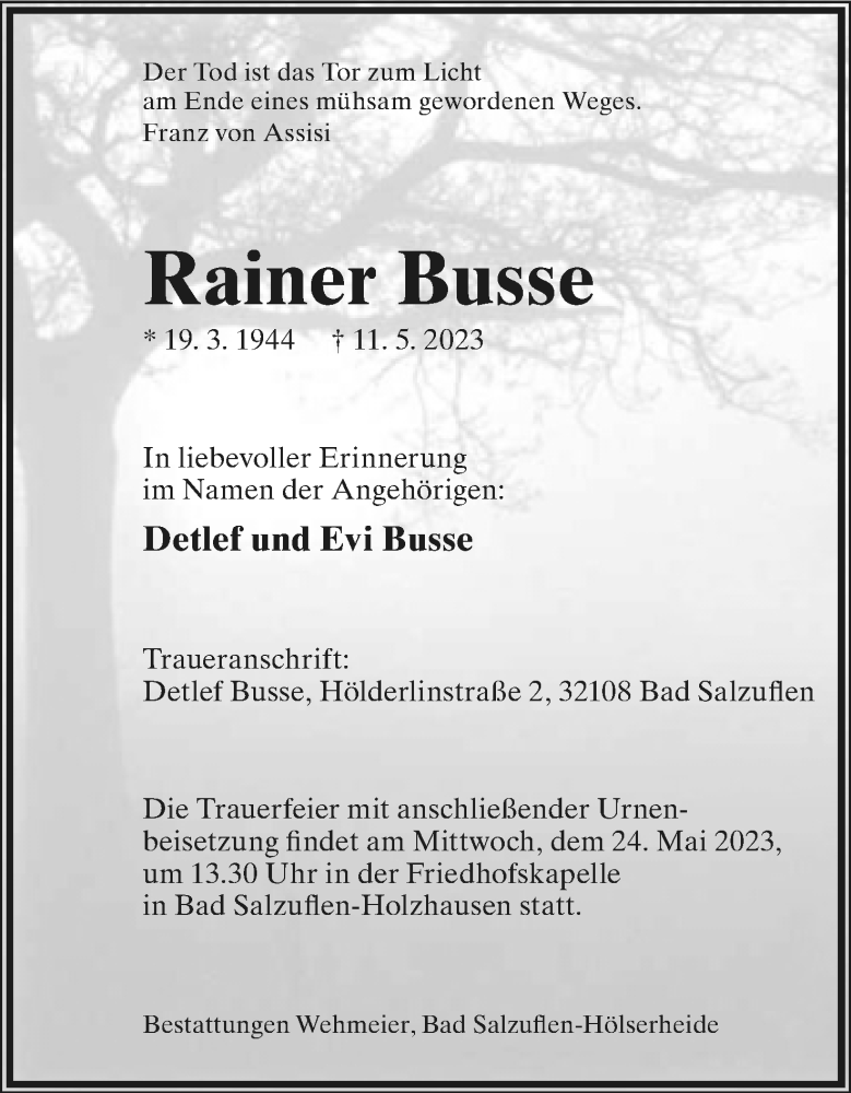  Traueranzeige für Rainer Busse vom 20.05.2023 aus Lippische Landes-Zeitung