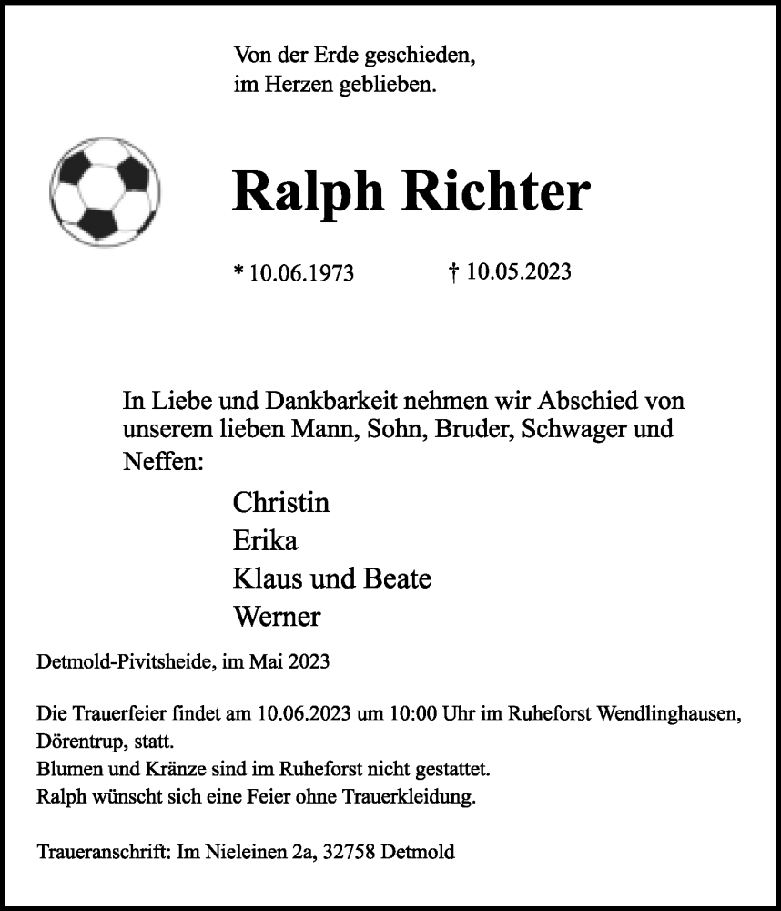  Traueranzeige für Ralph Richter vom 27.05.2023 aus Lippische Landes-Zeitung