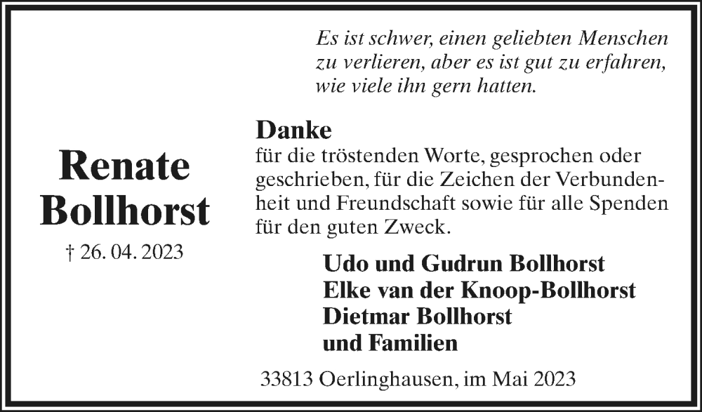  Traueranzeige für Renate Bollhorst vom 27.05.2023 aus Lippische Landes-Zeitung