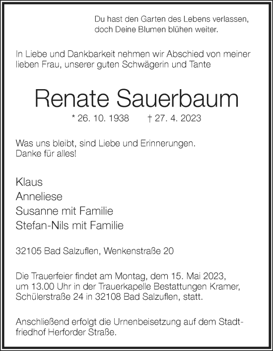 Anzeige  Renate Sauerbaum  Lippische Landes-Zeitung