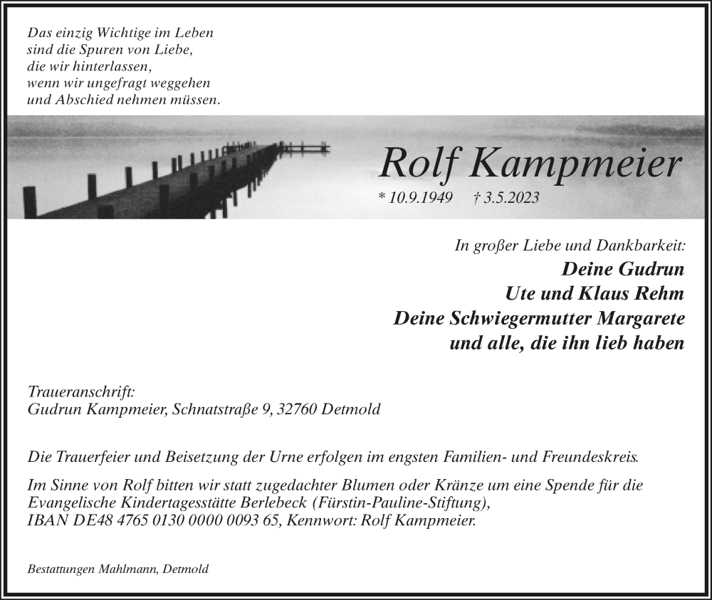  Traueranzeige für Rolf Kampmeier vom 06.05.2023 aus Lippische Landes-Zeitung