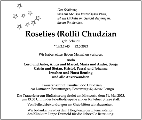 Anzeige  Roselies Chudzian  Lippische Landes-Zeitung