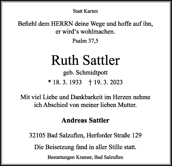 Anzeige  Ruth Sattler  Lippische Landes-Zeitung