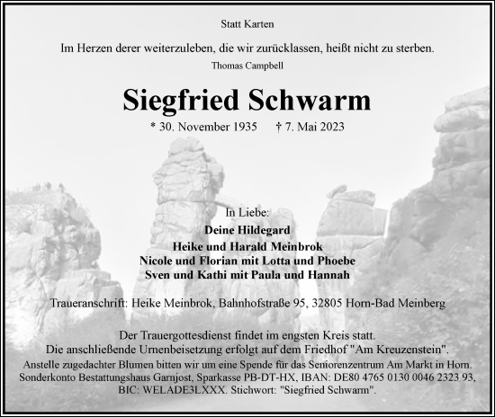 Anzeige  Siegfried Schwarm  Lippische Landes-Zeitung