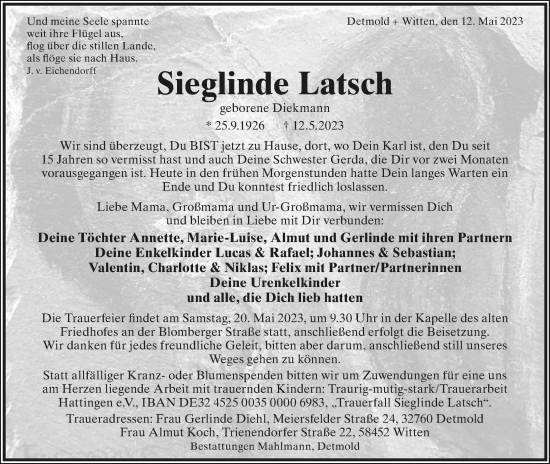 Anzeige  Sieglinde Latsch  Lippische Landes-Zeitung
