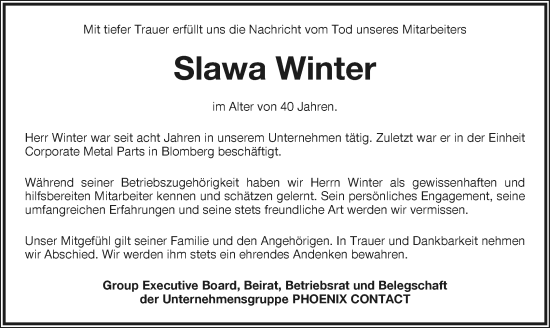 Anzeige  Slawa Winter  Lippische Landes-Zeitung