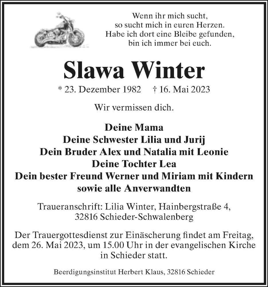  Traueranzeige für Slawa Winter vom 24.05.2023 aus Lippische Landes-Zeitung