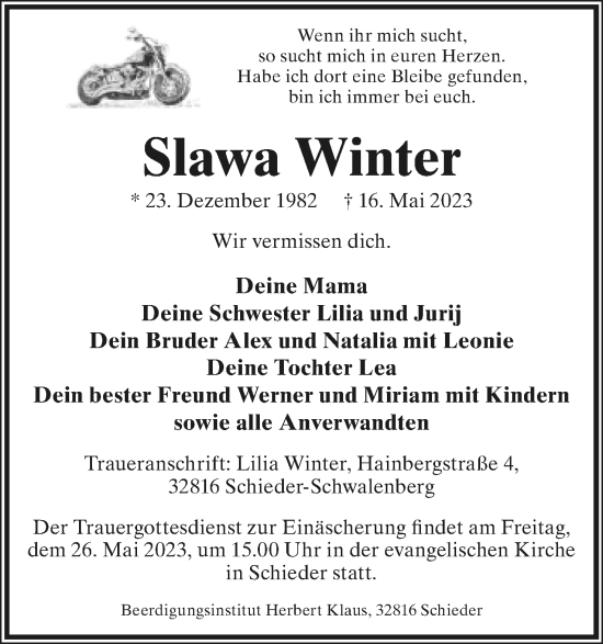 Anzeige  Slawa Winter  Lippische Landes-Zeitung