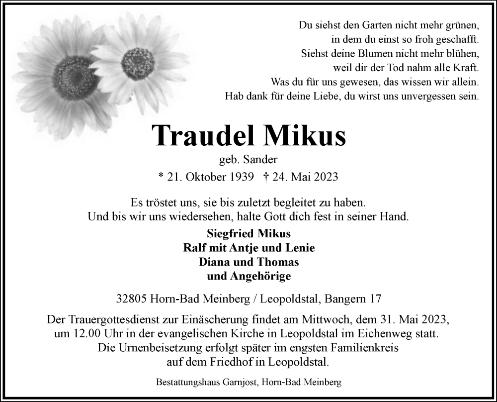  Traueranzeige für Traudel Mikus vom 27.05.2023 aus Lippische Landes-Zeitung