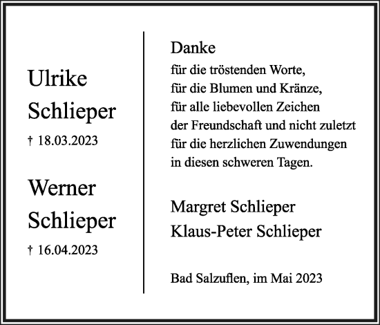 Anzeige  Ulrike Schlieper  Lippische Landes-Zeitung