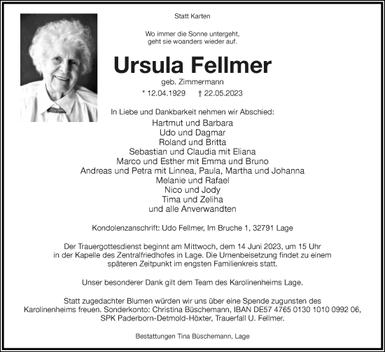 Anzeige  Ursula Fellmer  Lippische Landes-Zeitung