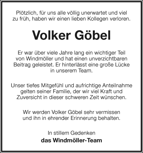 Anzeige  Volker Göbel  Lippische Landes-Zeitung