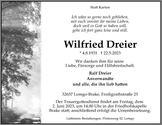 Anzeige  Wilfreid Dreier  Lippische Landes-Zeitung