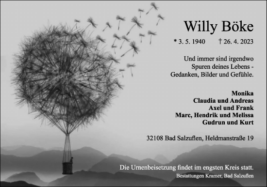 Anzeige  Willy Böke  Lippische Landes-Zeitung