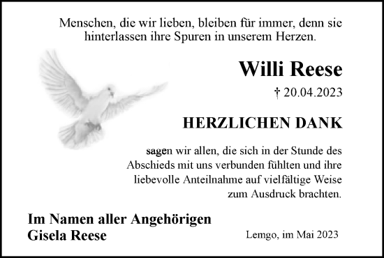 Anzeige  Willi Reese  Lippische Landes-Zeitung