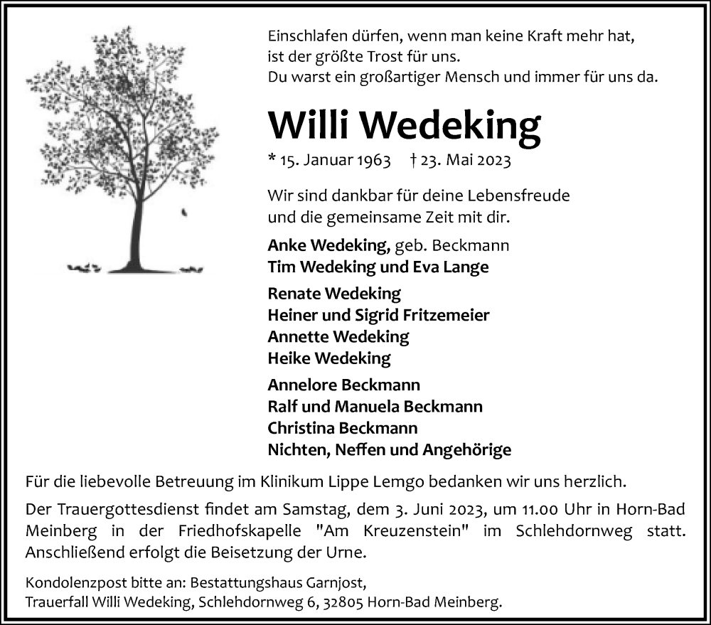  Traueranzeige für Willi Wedeking vom 27.05.2023 aus Lippische Landes-Zeitung
