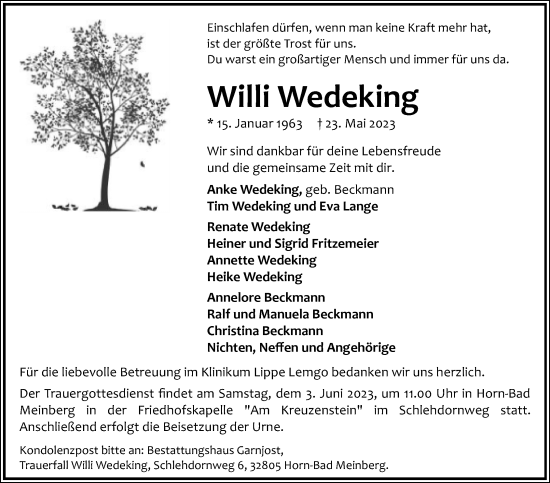 Anzeige  Willi Wedeking  Lippische Landes-Zeitung