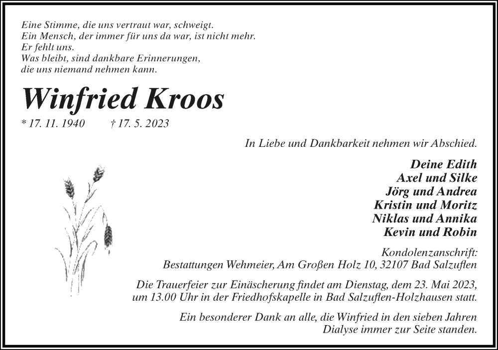  Traueranzeige für Winfried Kroos vom 20.05.2023 aus Lippische Landes-Zeitung