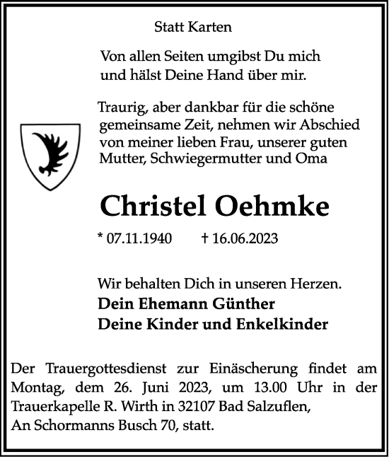 Anzeige  Christel Oehmke  Lippische Landes-Zeitung