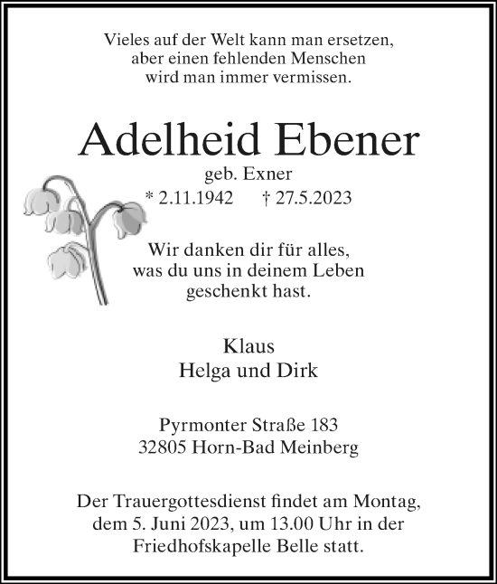 Anzeige  Adelheid Ebener  Lippische Landes-Zeitung
