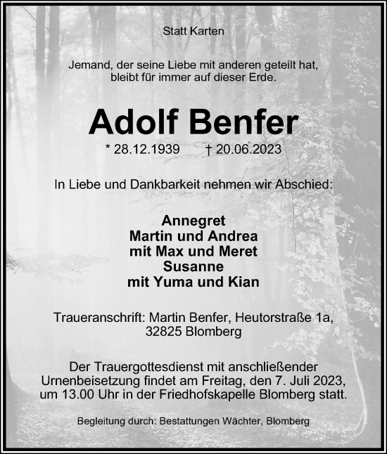 Anzeige  Adolf Benfer  Lippische Landes-Zeitung