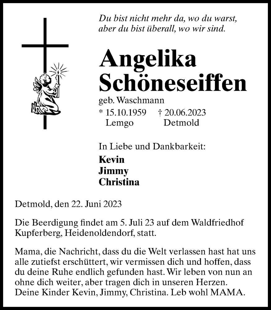  Traueranzeige für Angelika Schöneseiffen vom 24.06.2023 aus Lippische Landes-Zeitung