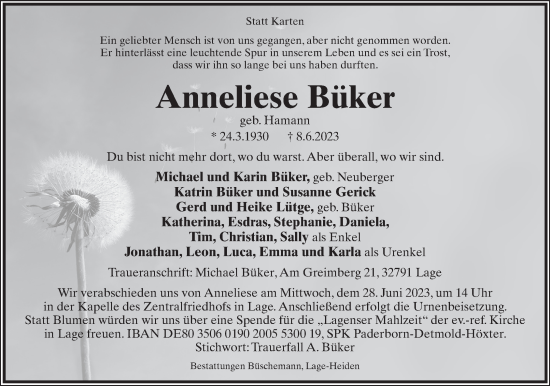 Anzeige  Anneliese Büker  Lippische Landes-Zeitung