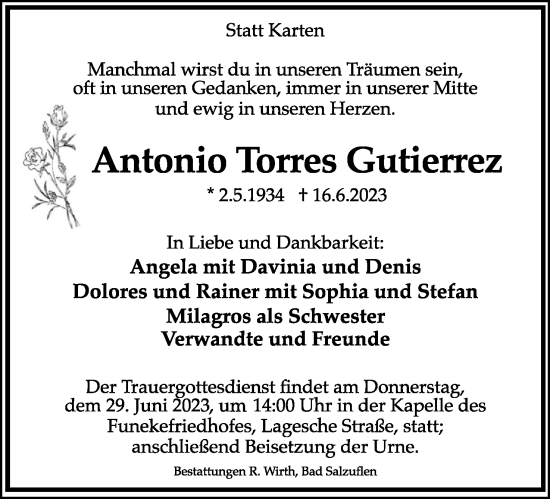 Anzeige  Antonio Torres Gutierrez  Lippische Landes-Zeitung