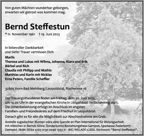 Anzeige  Bernd Steffestun  Lippische Landes-Zeitung