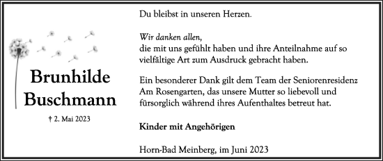 Anzeige  Brunhilde Buschmann  Lippische Landes-Zeitung