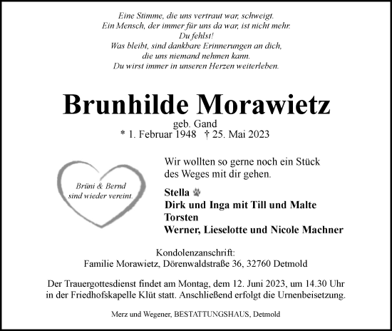 Anzeige  Brunhilde Morawietz  Lippische Landes-Zeitung