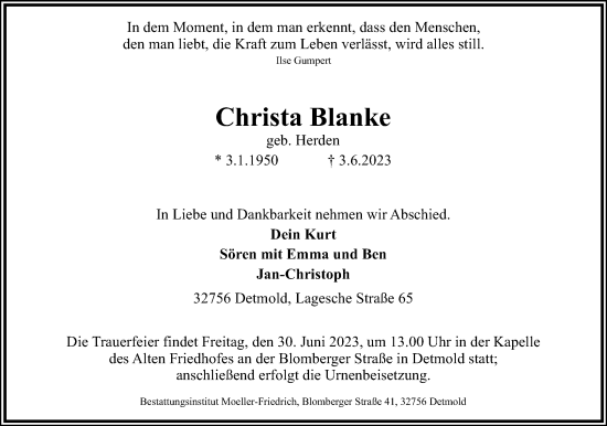 Anzeige  Christa Blanke  Lippische Landes-Zeitung
