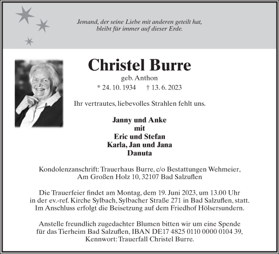 Anzeige  Christel Burre  Lippische Landes-Zeitung