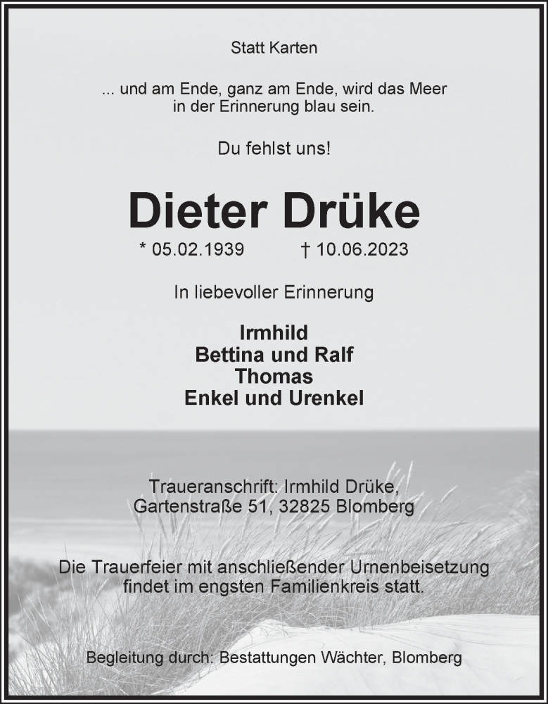  Traueranzeige für Dieter Drüke vom 17.06.2023 aus Lippische Landes-Zeitung