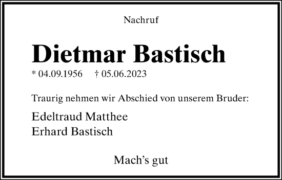 Anzeige  Dietmar Bastisch  Lippische Landes-Zeitung