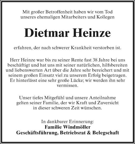 Anzeige  Dietmar Heinze  Lippische Landes-Zeitung