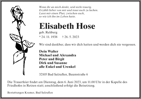Anzeige  Elisabeth Hose  Lippische Landes-Zeitung