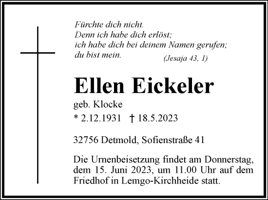 Anzeige  Ellen Eickeler  Lippische Landes-Zeitung