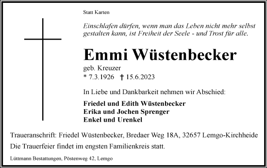 Anzeige  Emmi Wüstenbecker  Lippische Landes-Zeitung