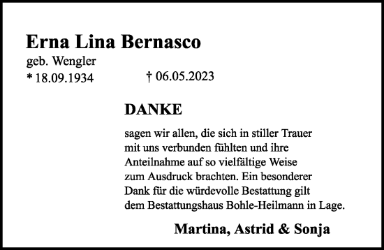 Anzeige  Erna Lina Bernasco  Lippische Landes-Zeitung