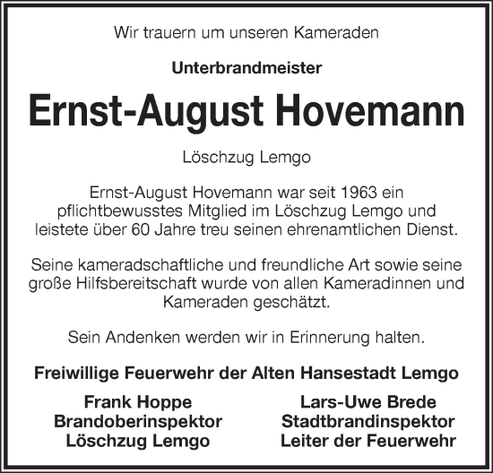 Anzeige  Ernst-August Hovemann  Lippische Landes-Zeitung