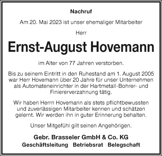 Anzeige  Ernst-August Hovemann  Lippische Landes-Zeitung