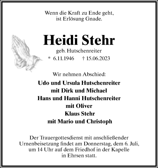 Anzeige  Heidi Stehr  Lippische Landes-Zeitung