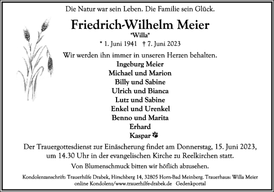 Anzeige  Friedrich-Wilhelm Meier  Lippische Landes-Zeitung