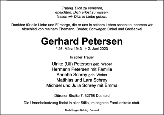 Anzeige  Gerhard Petersen  Lippische Landes-Zeitung